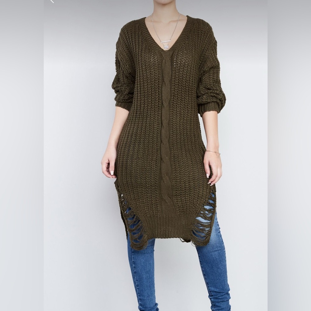 Olive Cable Knit Sweater Dress